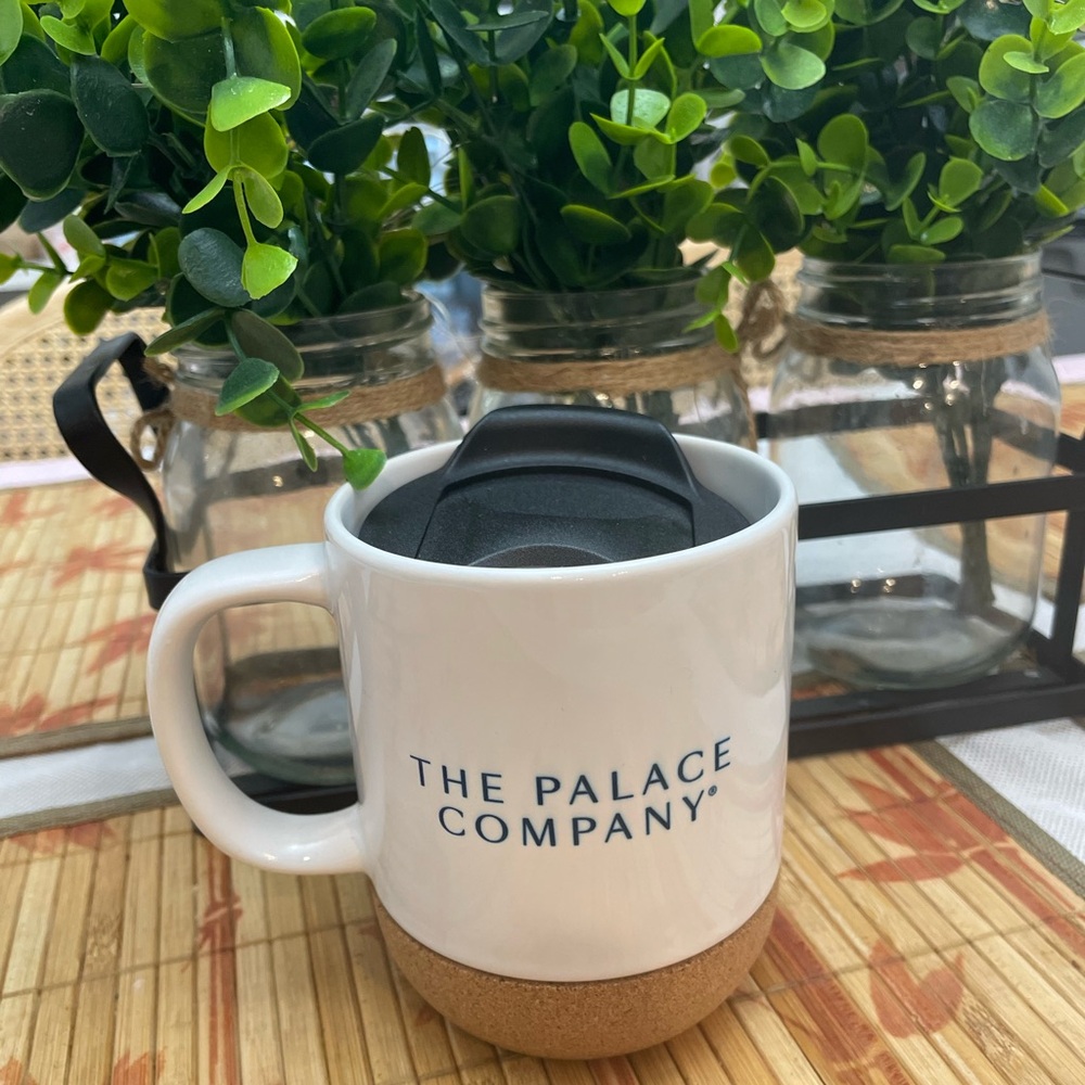 The Palace Company Ceramic Travel Coffee Mug Cork Bottom w/ Lid White Cup